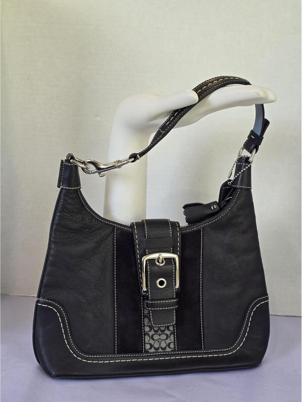 Y2K Vtg Coach Hampton Black Leather Suede Jacard Hobo Purse Bag Silver F11344